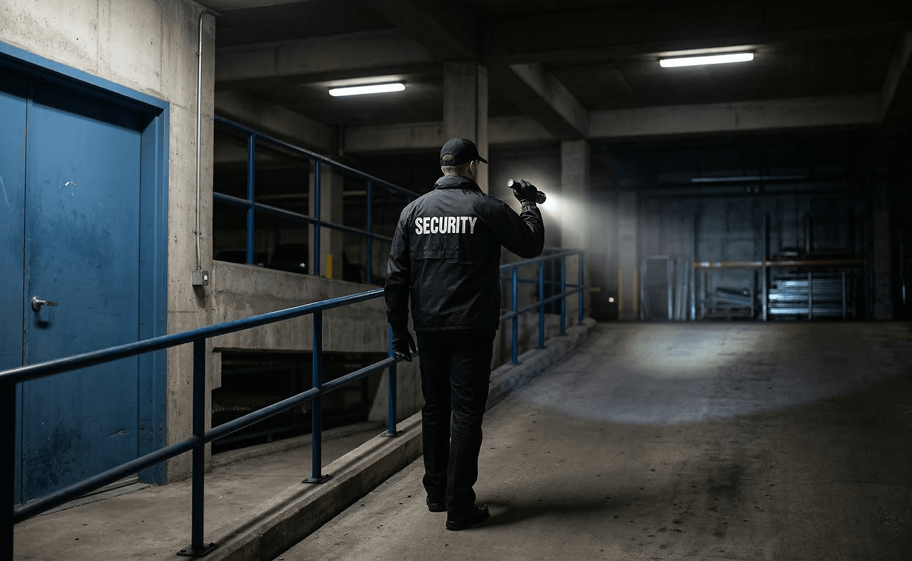Security officer patrolling parking structure at night with flashlight in Detroit Security officer patrolling parking structure at night with flashlight in Detroit
